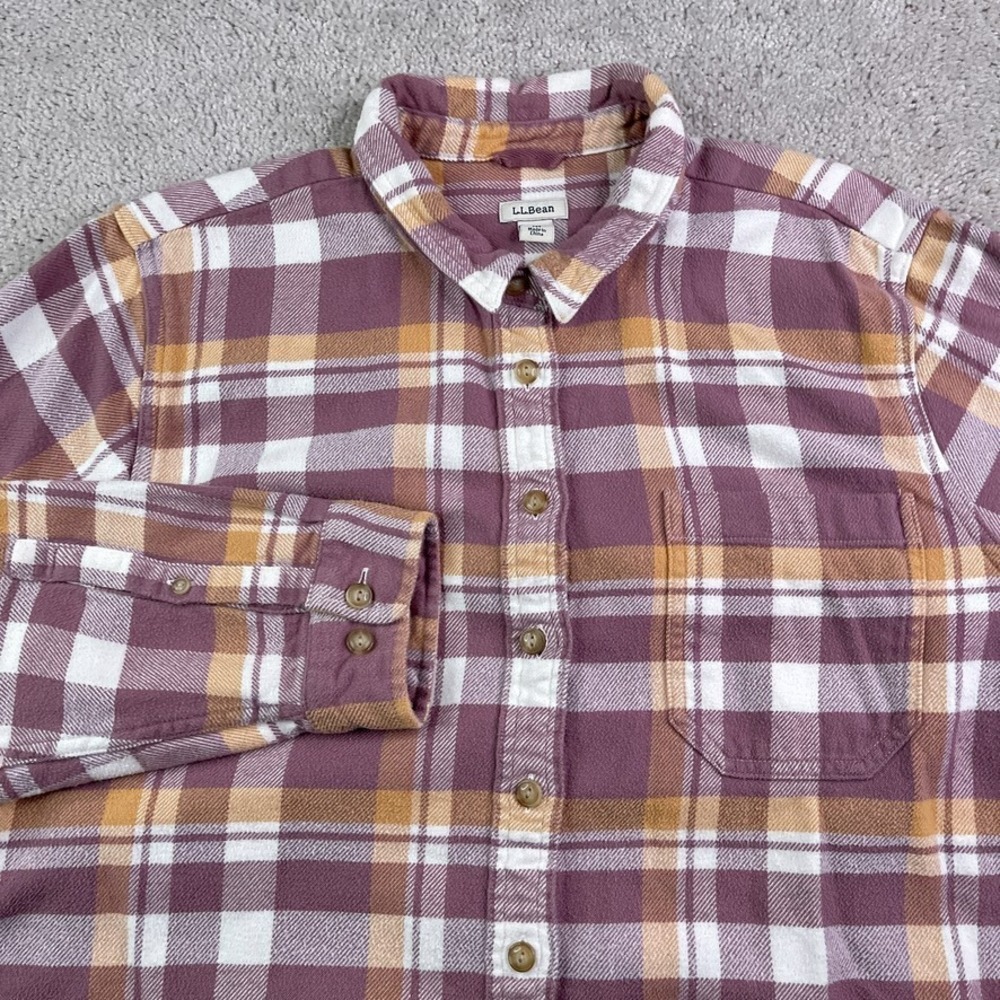 LL Bean Shirt Womens XL Petite Pink Plaid Flannel Tunic Organic Cotton Button Up